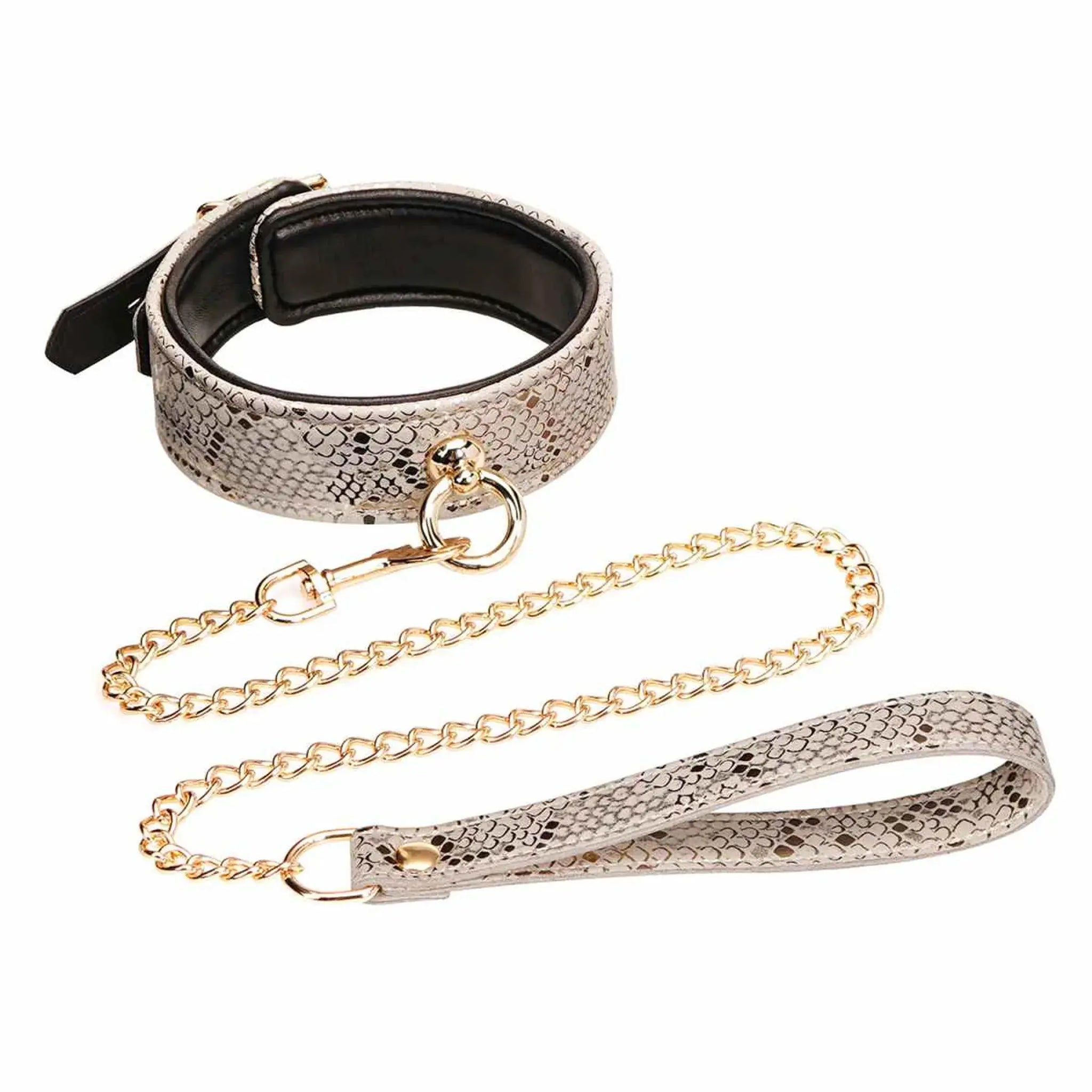 MICROFIBER SNAKE PRINT COLLAR & LEASH WHITE W LEATHER LINING Spartacus