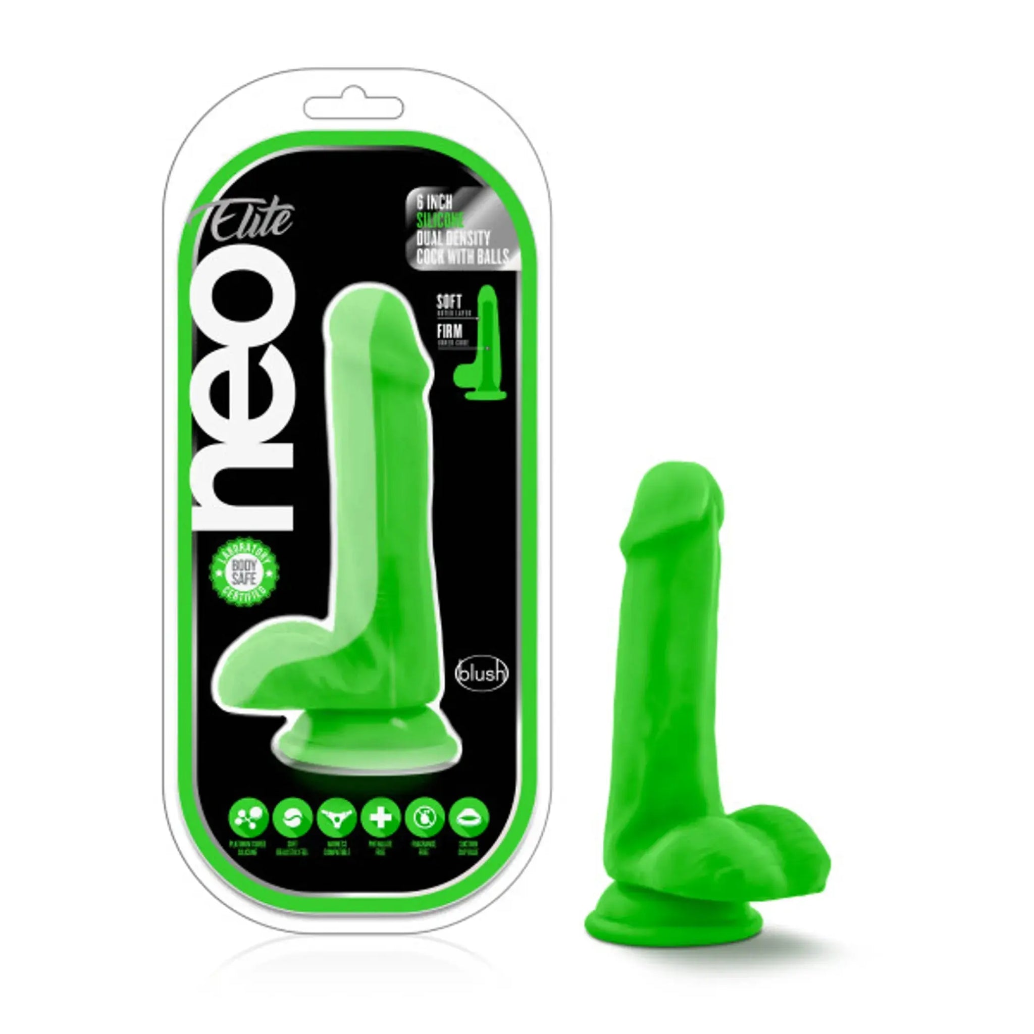 NEO ELITE 6IN SILICONE DUAL DENSITY COCK W/ BALLS NEON GREEN Blush Novelties