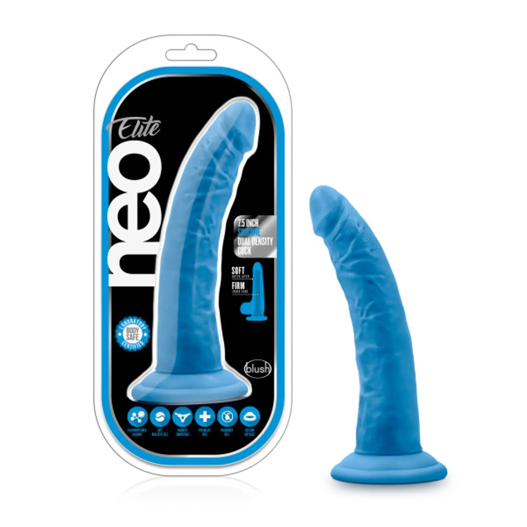 NEO ELITE 7.5IN SILICONE DUAL DENSITY COCK NEON BLUE Blush Novelties