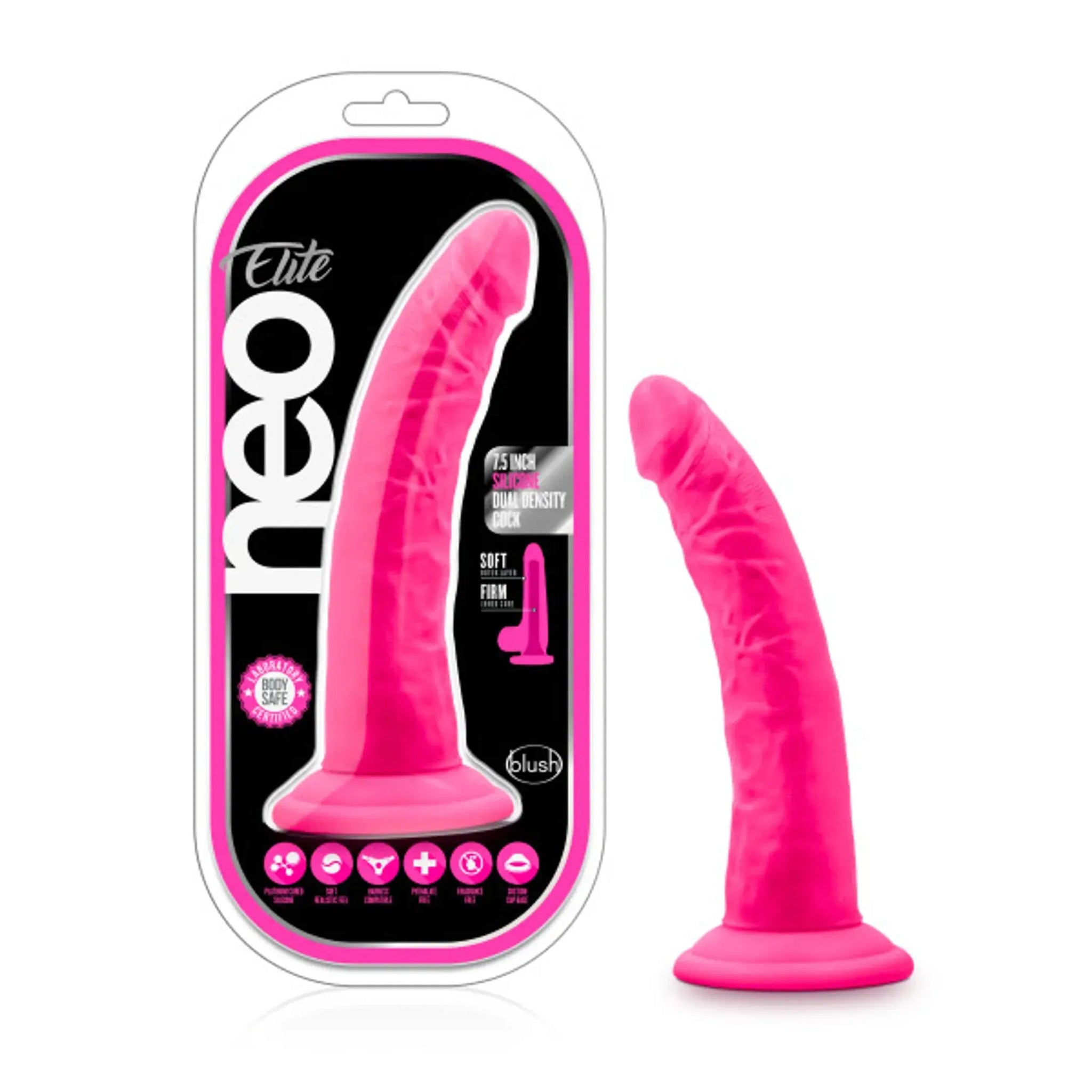 NEO ELITE 7.5IN SILICONE DUAL DENSITY COCK NEON PINK Blush Novelties
