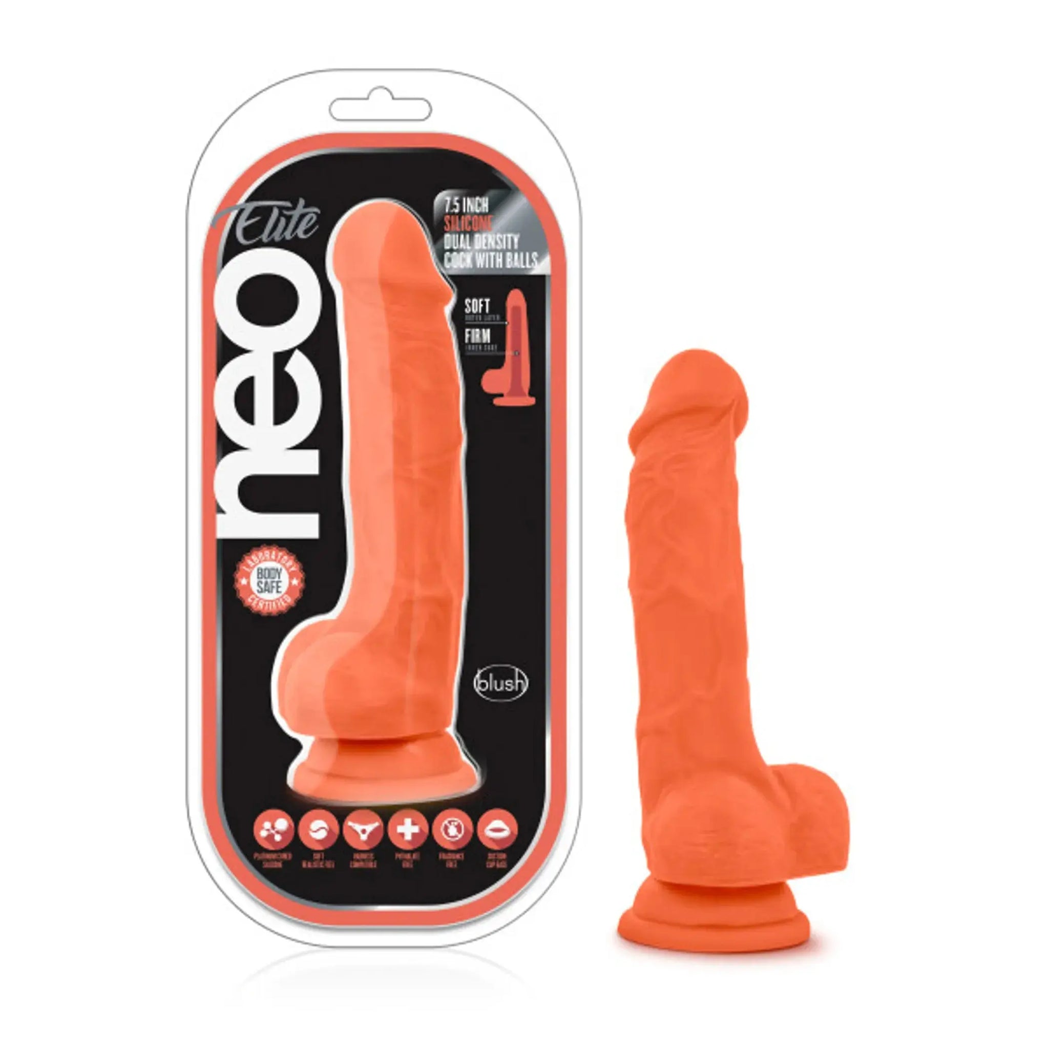 NEO ELITE 7.5IN SILICONE DUAL DENSITY COCK W/ BALLS NEON ORANGE Blush Novelties