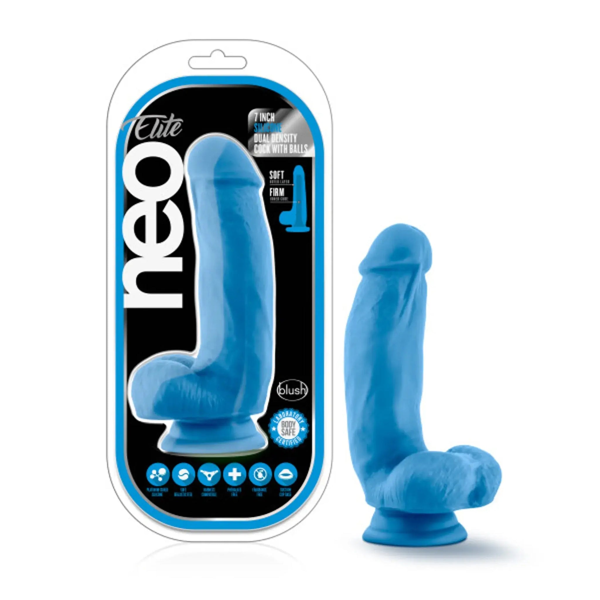 NEO ELITE 7IN SILICONE DUAL DENSITY COCK W/ BALLS NEON BLUE Blush Novelties