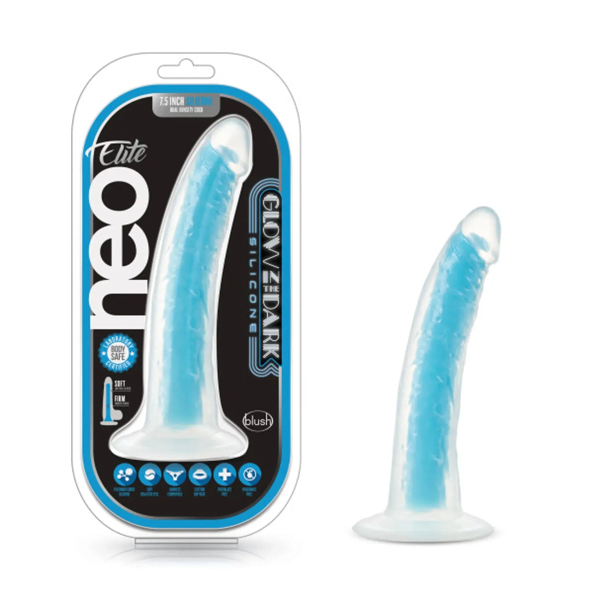 NEO ELITE GLOW IN THE DARK 7.5IN DUAL DENSITY COCK NEON BLUE Blush Novelties