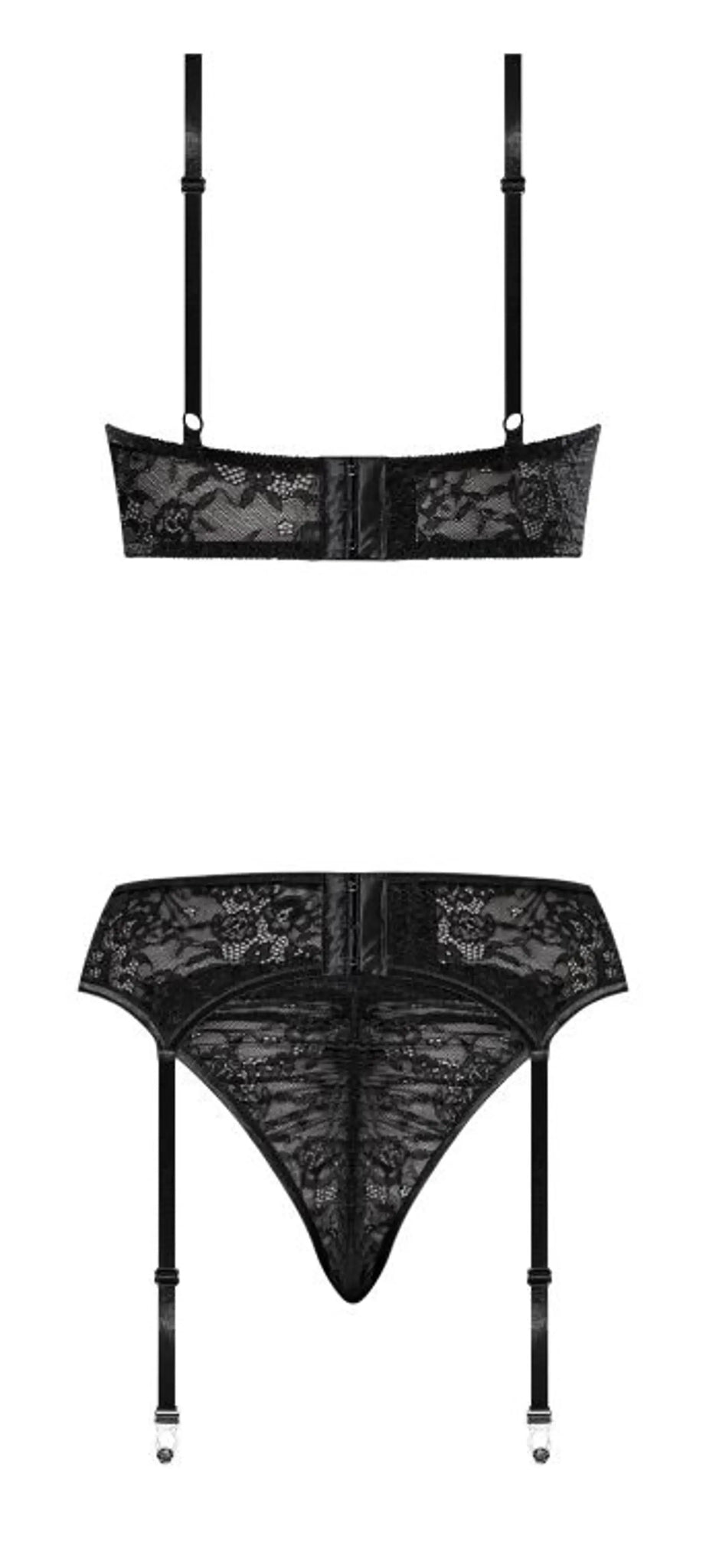 OOH LA LACE DEMI BRA GARTER & TANGA BLACK Magic Silk Lingerie