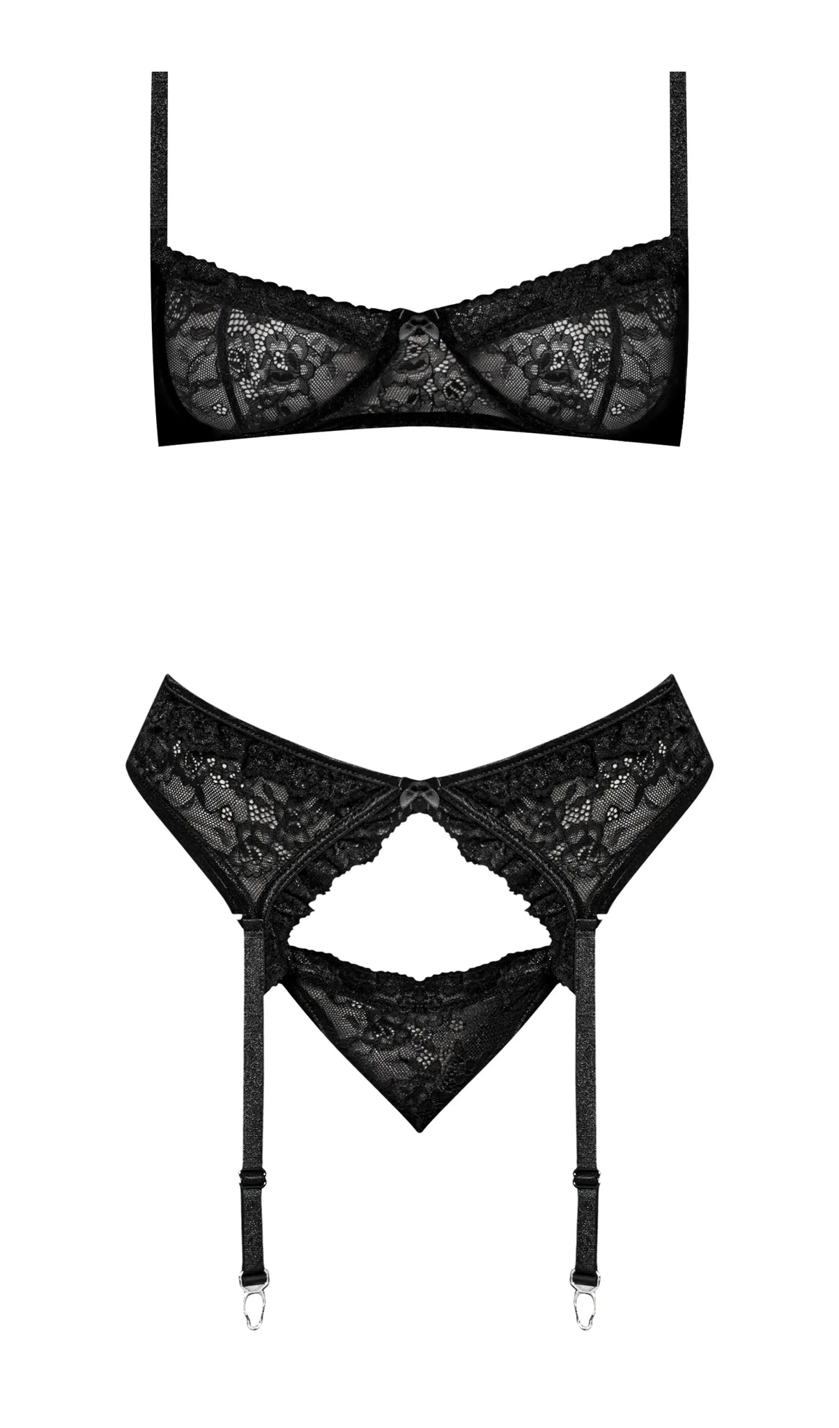 OOH LA LACE DEMI BRA GARTER & TANGA BLACK Magic Silk Lingerie
