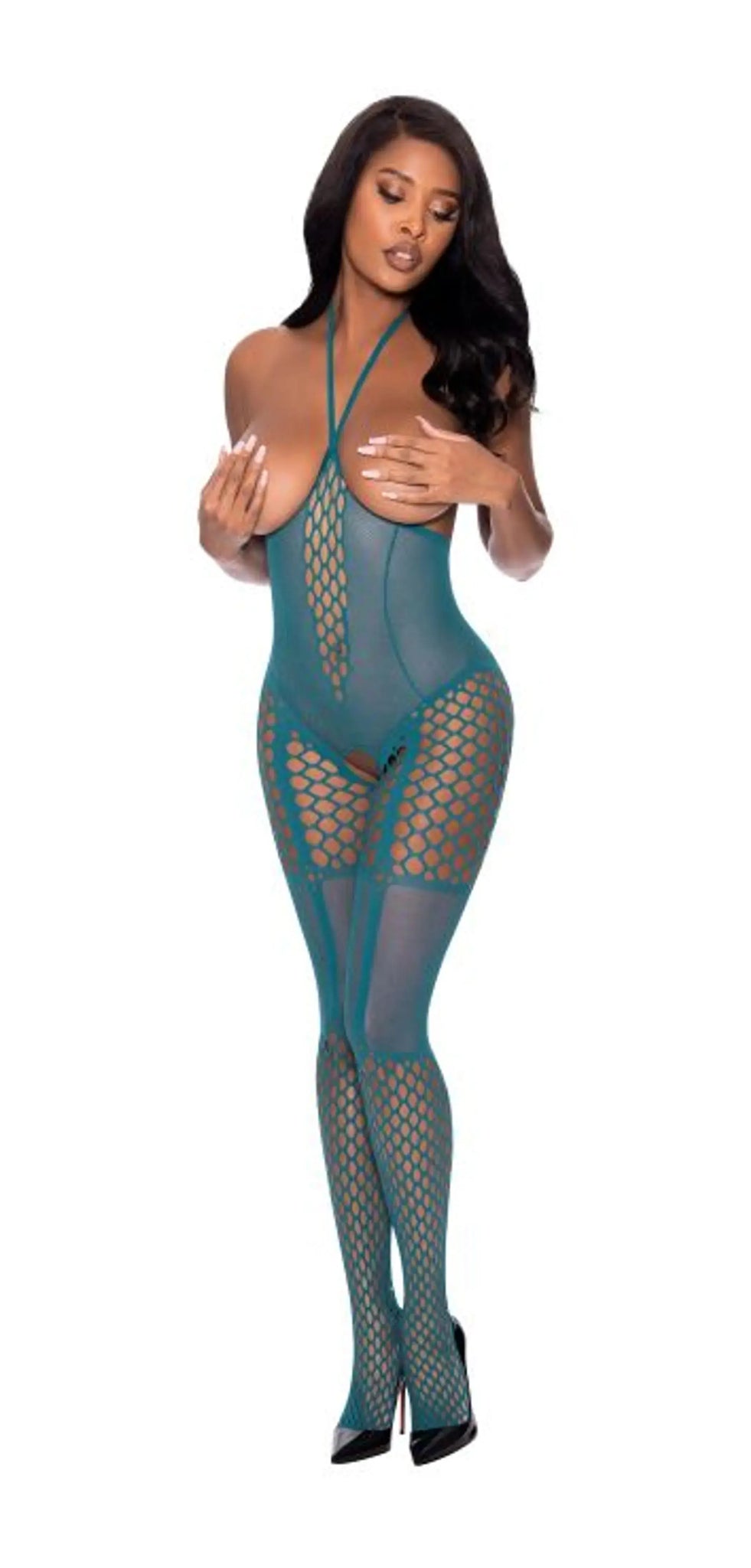 Seamless Cupless Catsuit in Teal Magic Silk Lingerie