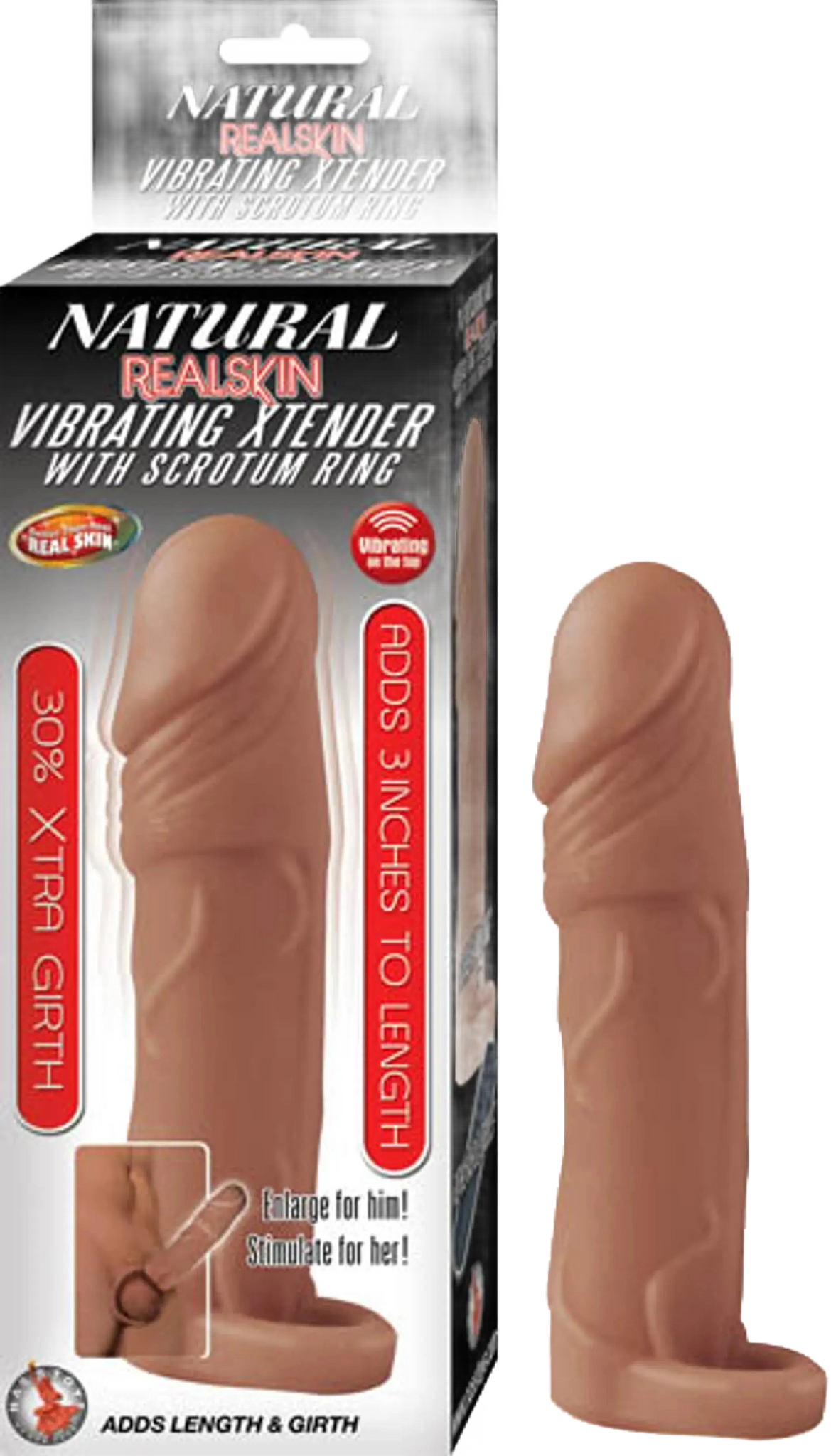 NATURAL REALSKIN VIBRATING XTENDER W/ SCROTUM RING BROWN Nasstoys