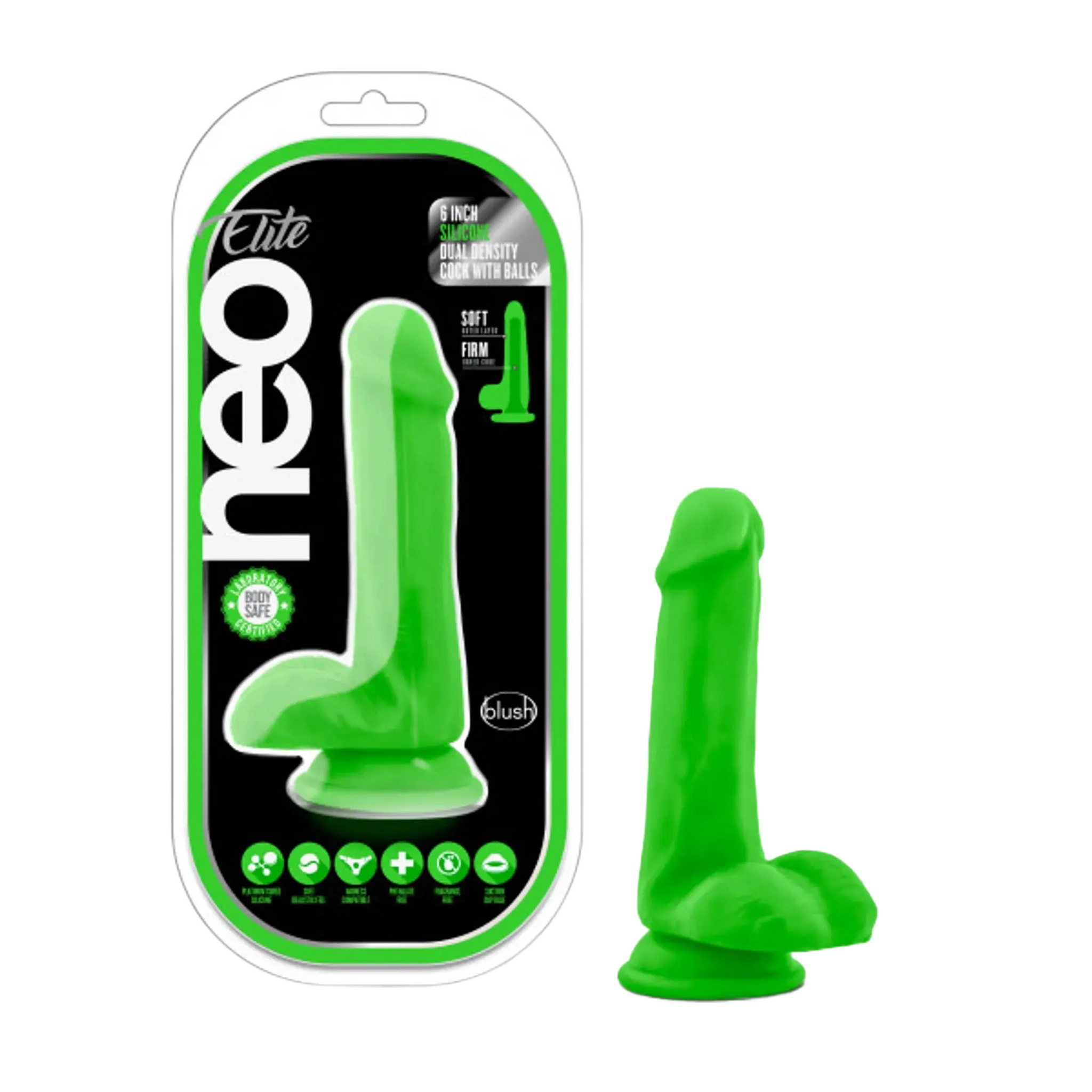 NEO ELITE 6IN SILICONE DUAL DENSITY COCK W/ BALLS NEON GREEN Blush Novelties