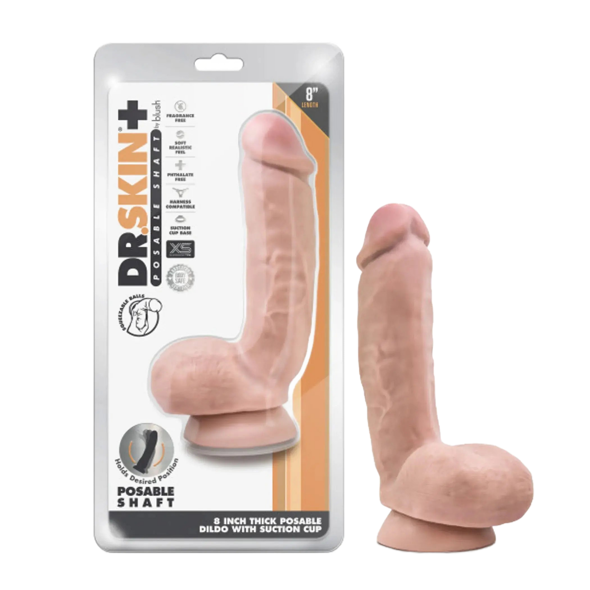 DR SKIN PLUS 8IN THICK DILDO W/ SQUEEZABLE BALLS VANILLA Blush Novelties