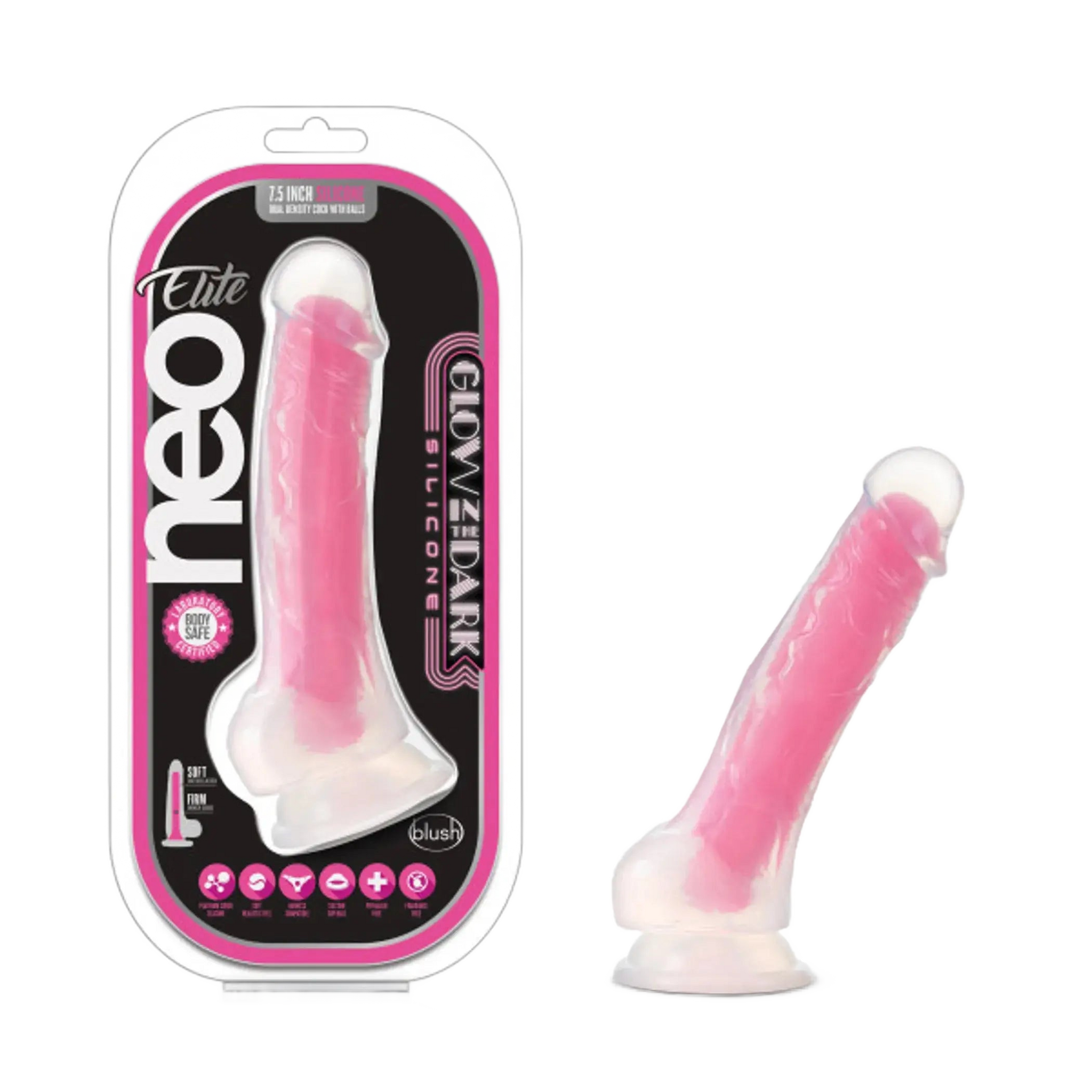 NEO ELITE GLOW IN THE DARK 7.5 IN SILICONE COCK W/ BALLS NEON PINK Blush Novelties