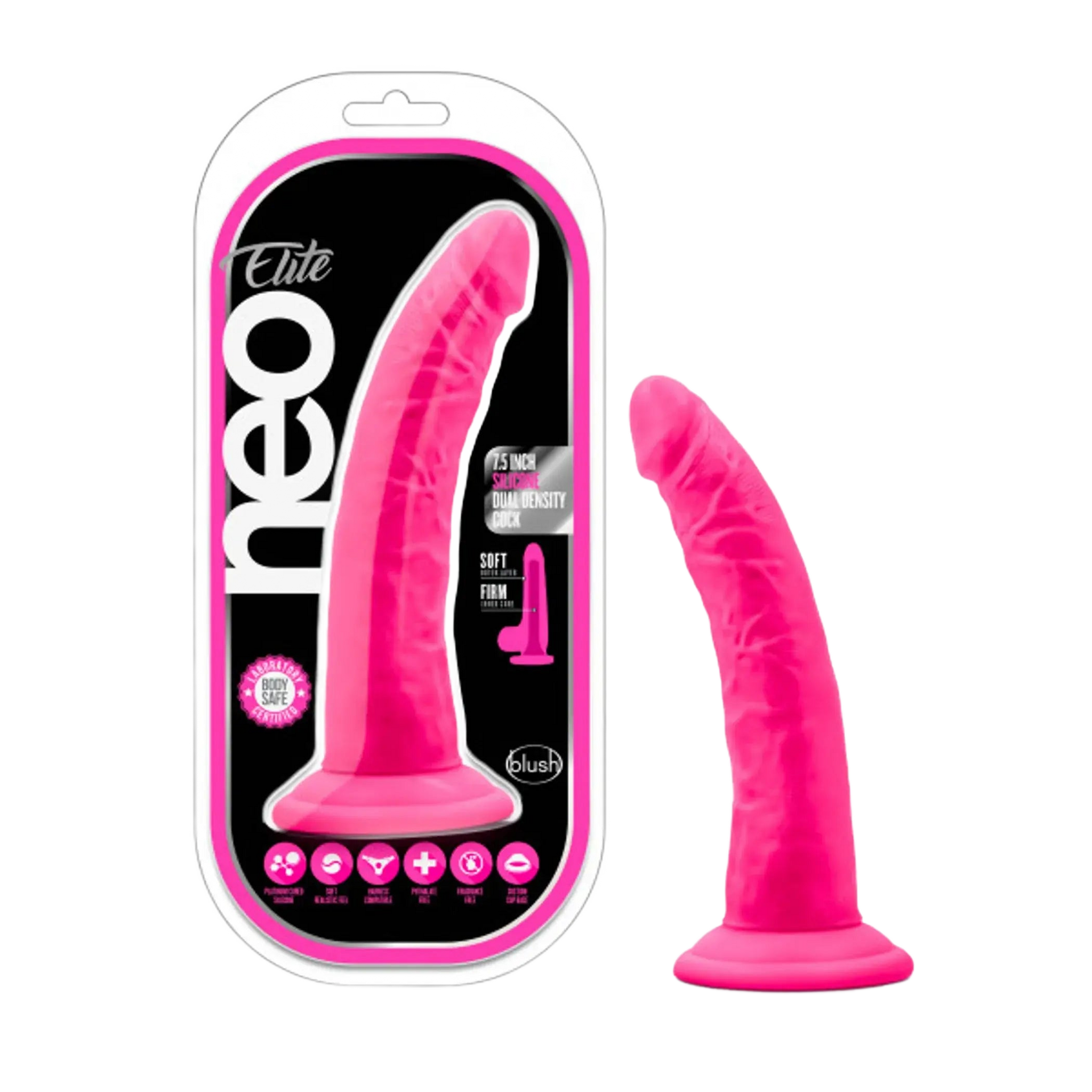 NEO ELITE 7.5IN SILICONE DUAL DENSITY COCK NEON PINK Blush Novelties