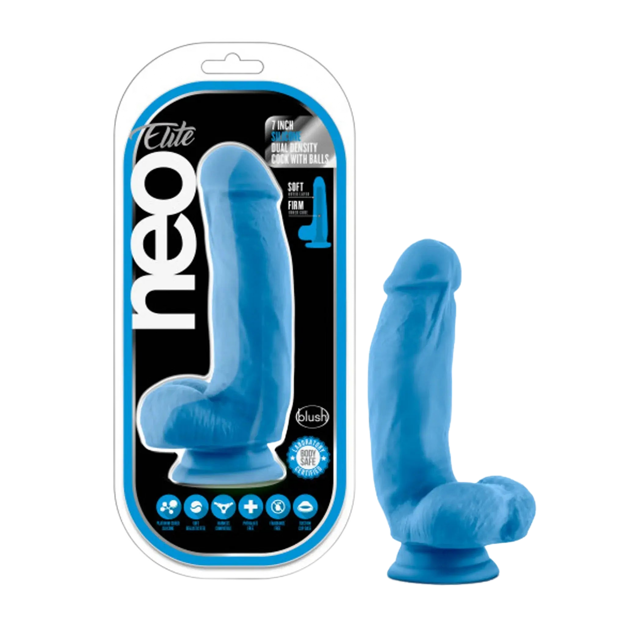 NEO ELITE 7IN SILICONE DUAL DENSITY COCK W/ BALLS NEON BLUE Blush Novelties