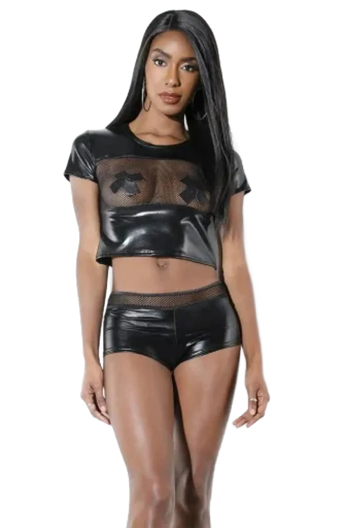 Coquette Wetlook Shirt With Front Fishnet Panel Coquette
