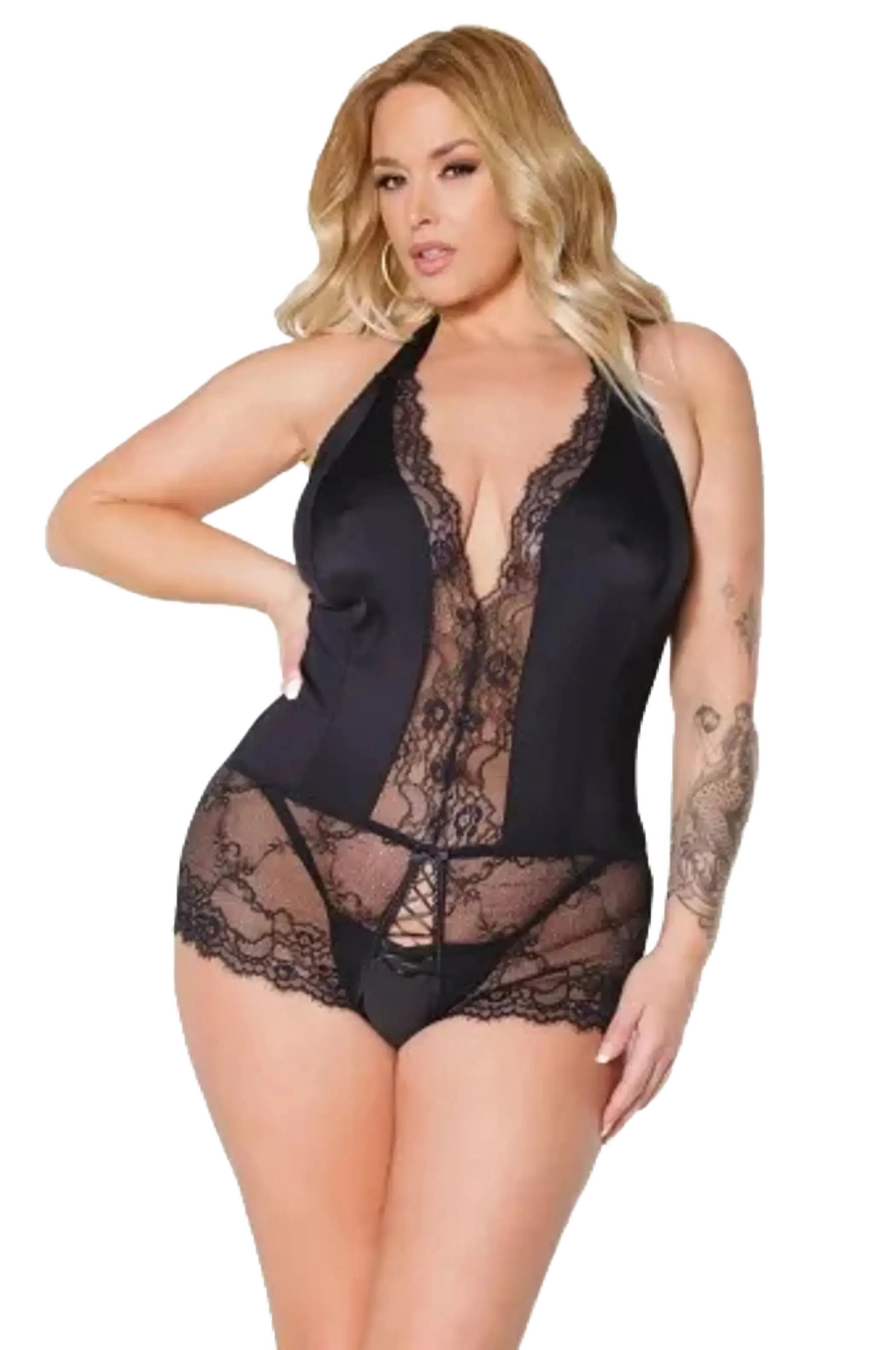 Coquette Satin & Lace Crotchless Halter Teddy - Color: Black | Pack Of: 1 | Style: Clothing Coquette