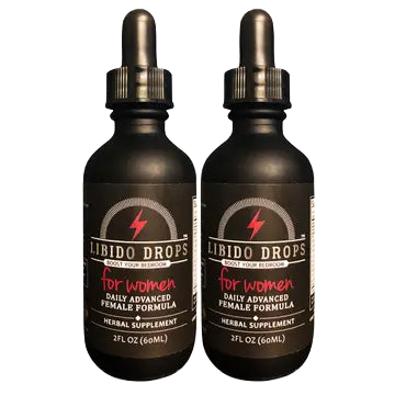 Two bottles of Libido Drops™ for Women in amber dropper bottles — natural female libido supplement