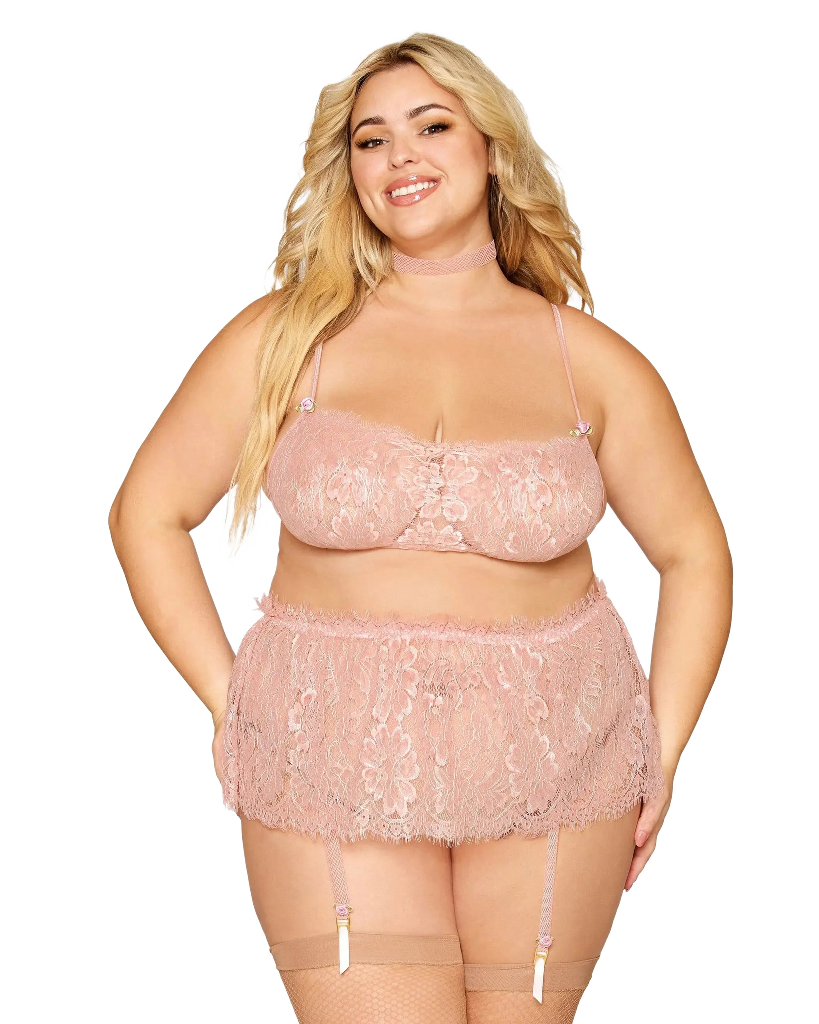 EYELASH LACE BRALETTE GARTER SKIRT SET ROSE QUARTZ Q/S Dream Girl Lingerie