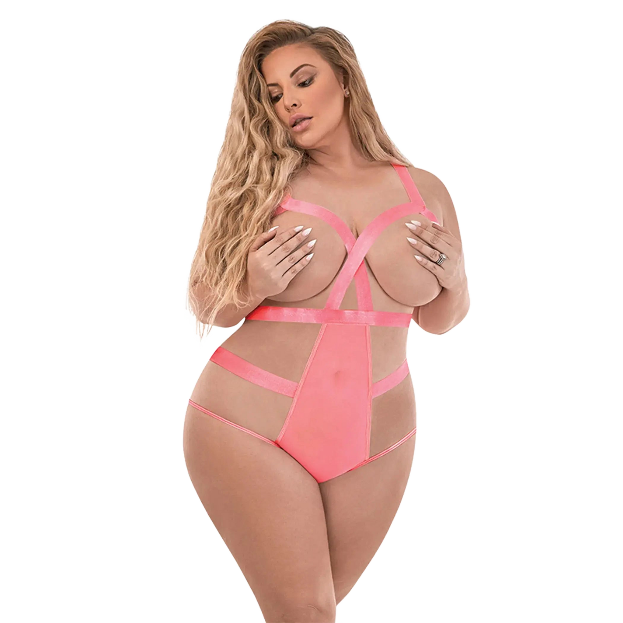 FOREVER MESH CUPLESS STRAP TEDDY CORAL Magic Silk Lingerie