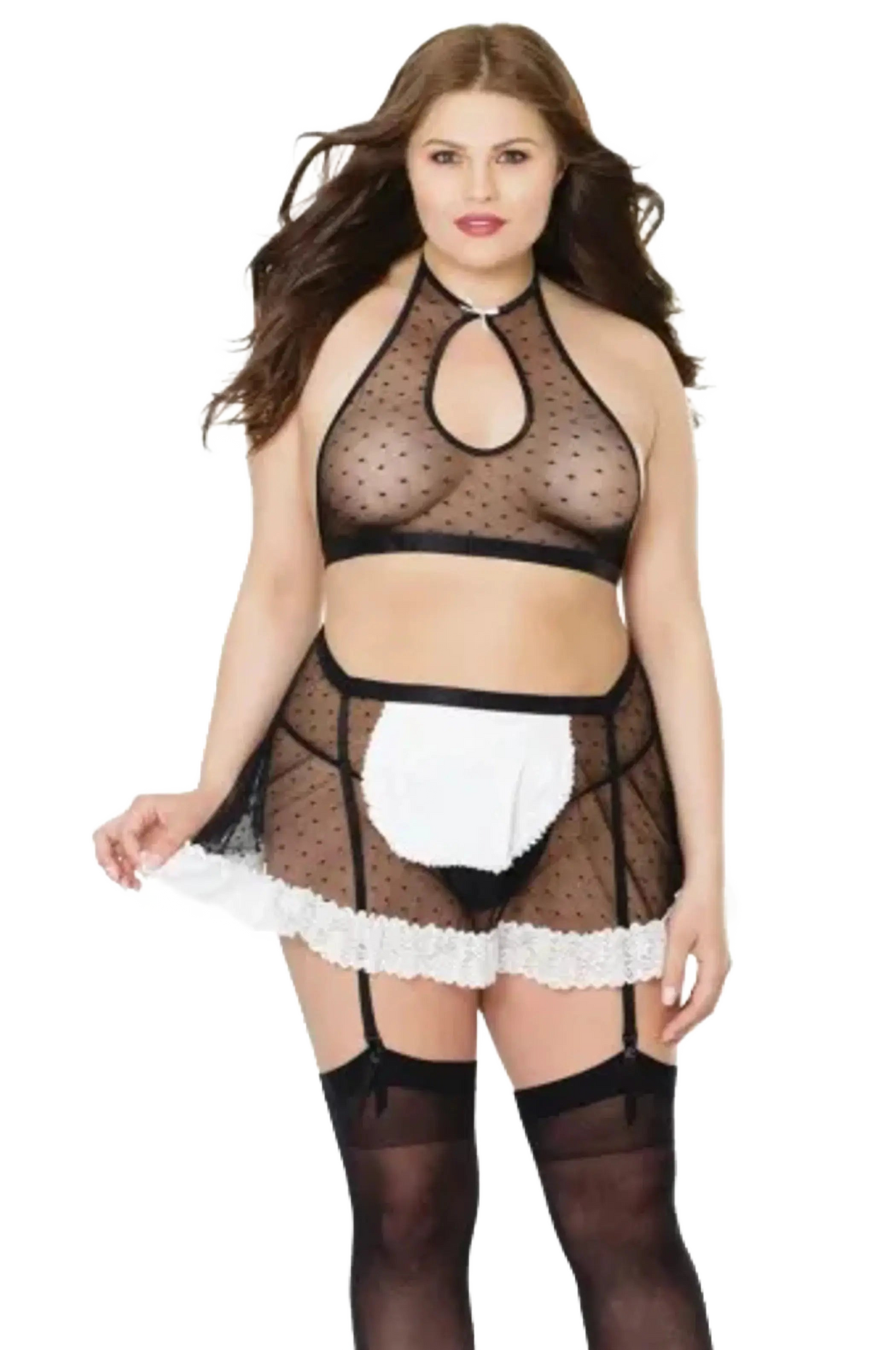 Coquette Maid Polka Dot Mesh Garter Skirt & Halter Top - Color: Black | Pack Of: 1 | Style: Clothing Coquette
