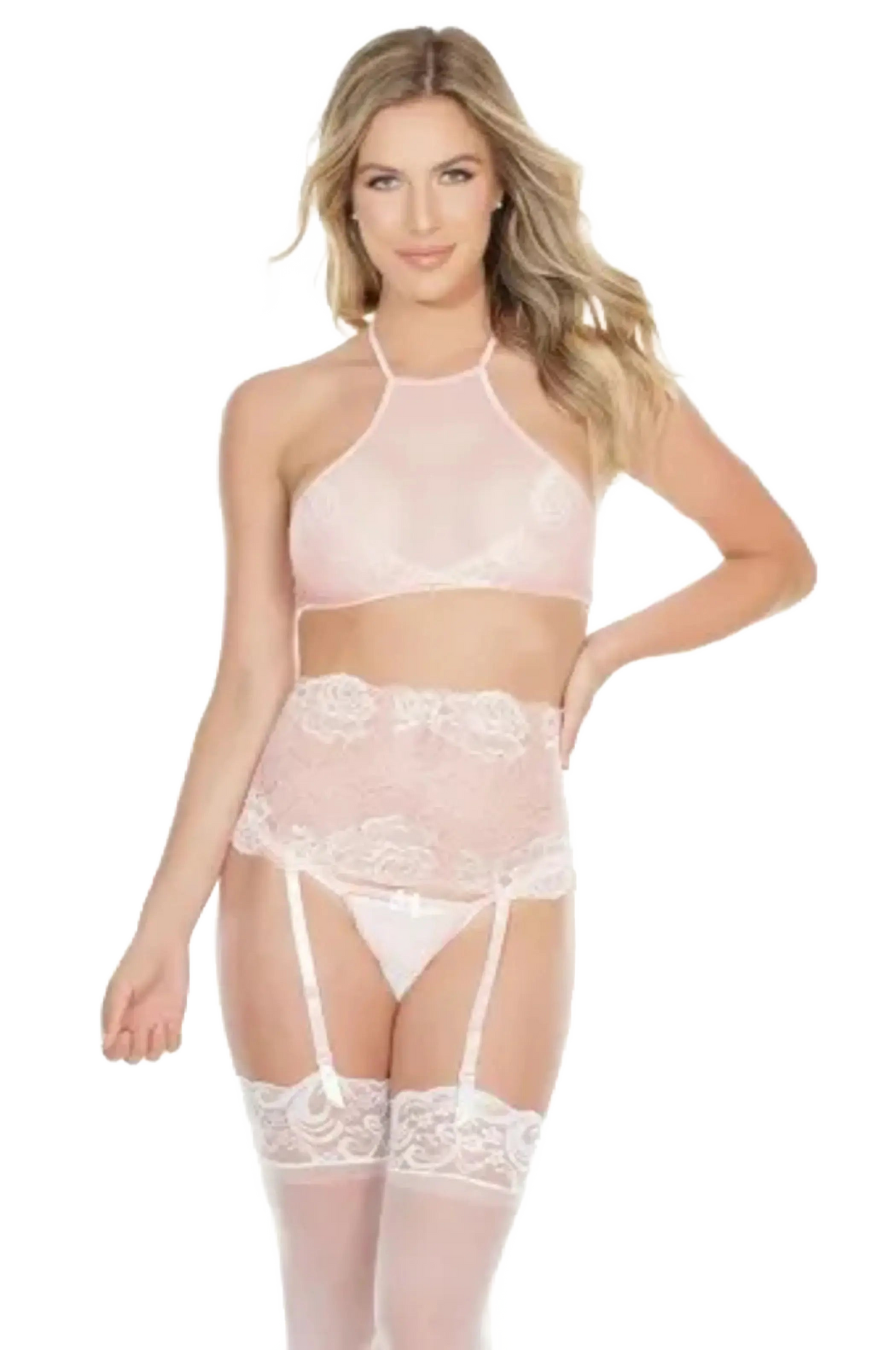 Coquette Crop Halter Top Waist Cincher & Crotchless G-String Coquette