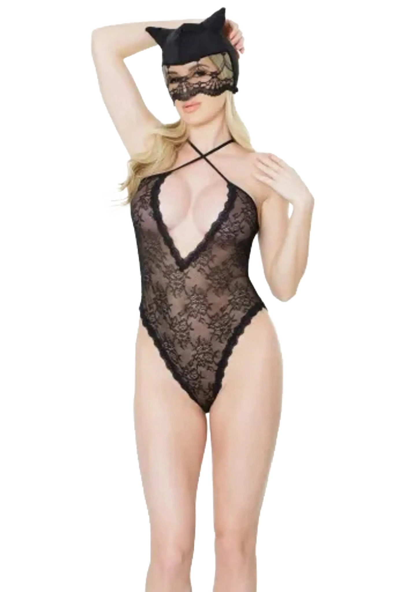 Coquette Kitty Lace Crotchless Teddy W/ Cat Mask - Color: Black | Pack Of: 1 | Style: Clothing Coquette