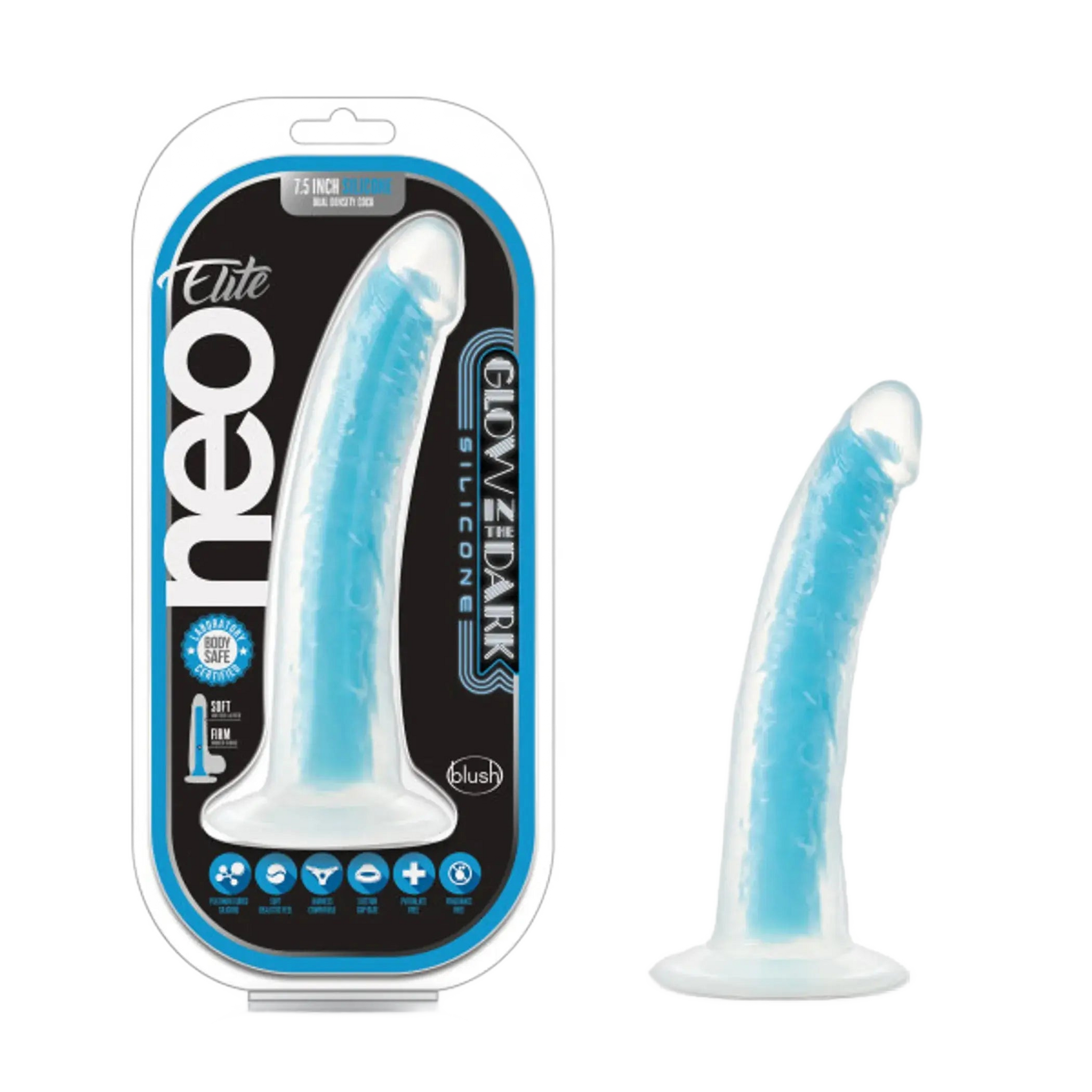 NEO ELITE GLOW IN THE DARK 7.5IN DUAL DENSITY COCK NEON BLUE Blush Novelties