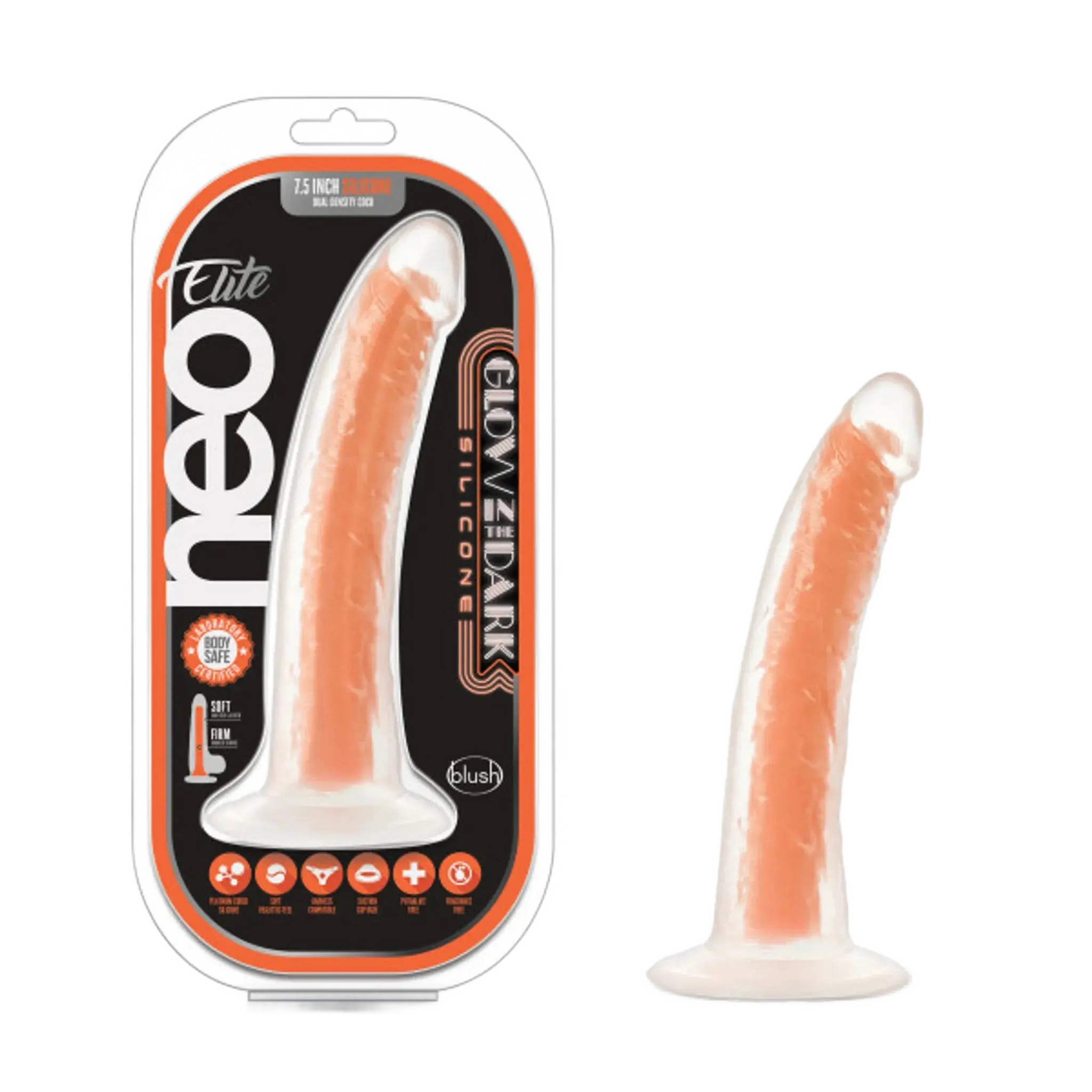 NEO ELITE GLOW IN THE DARK 7.5IN DUAL DENSITY COCK NEON NEON ORANGE Blush Novelties