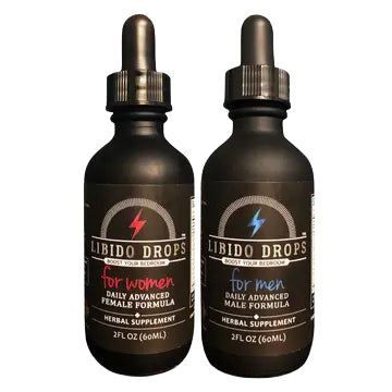 Image of two Libido Drops™ bottles (one 'for her' and one 'for him') displayed side-by-side, showing labels and dropper caps