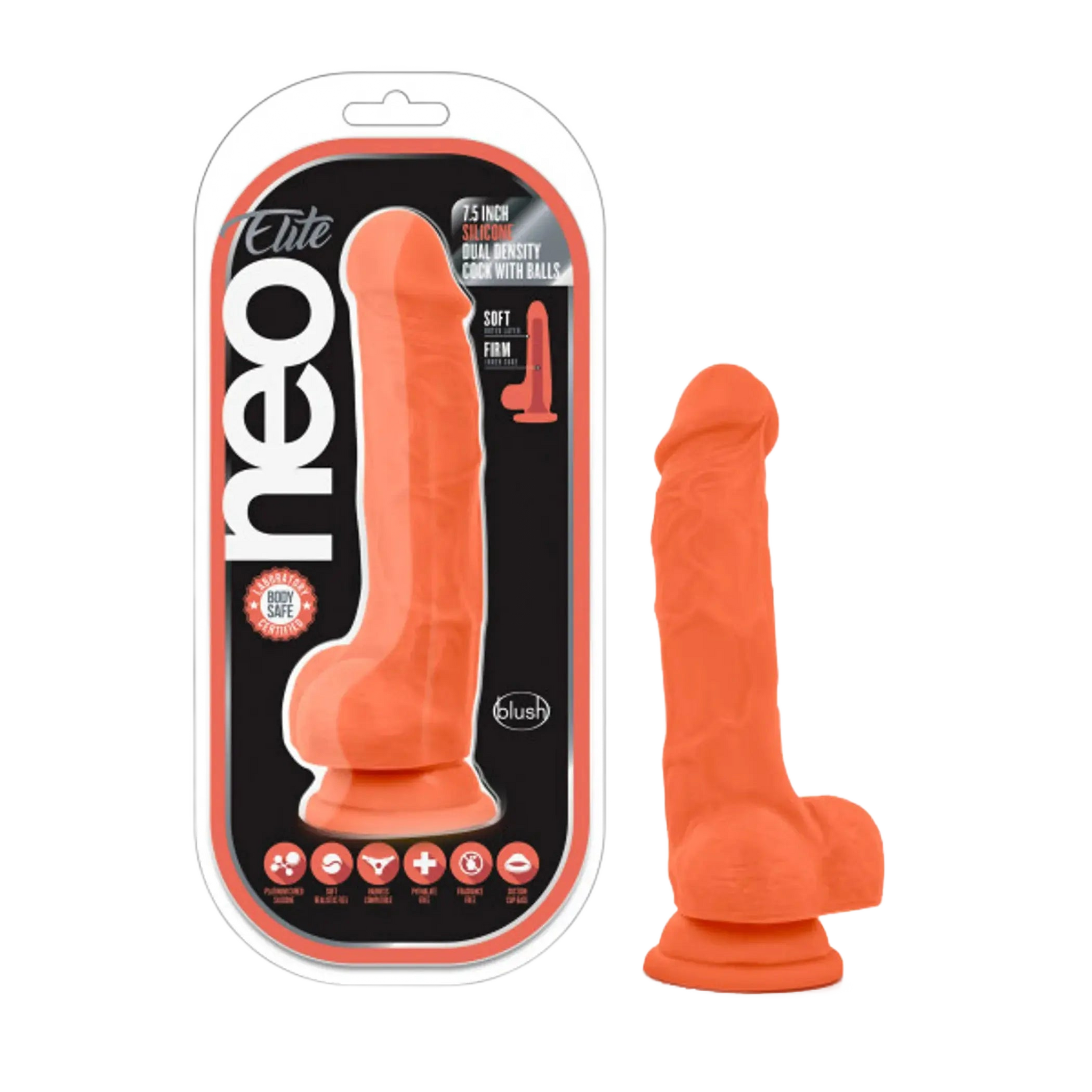 NEO ELITE 7.5IN SILICONE DUAL DENSITY COCK W/ BALLS NEON ORANGE Blush Novelties