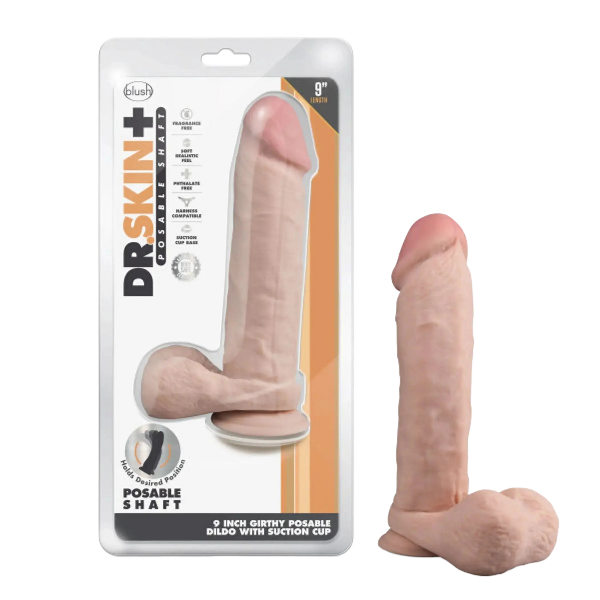 DR SKIN PLUS 9IN THICK POSABLE DILDO W/ BALLS VANILLA Blush Novelties